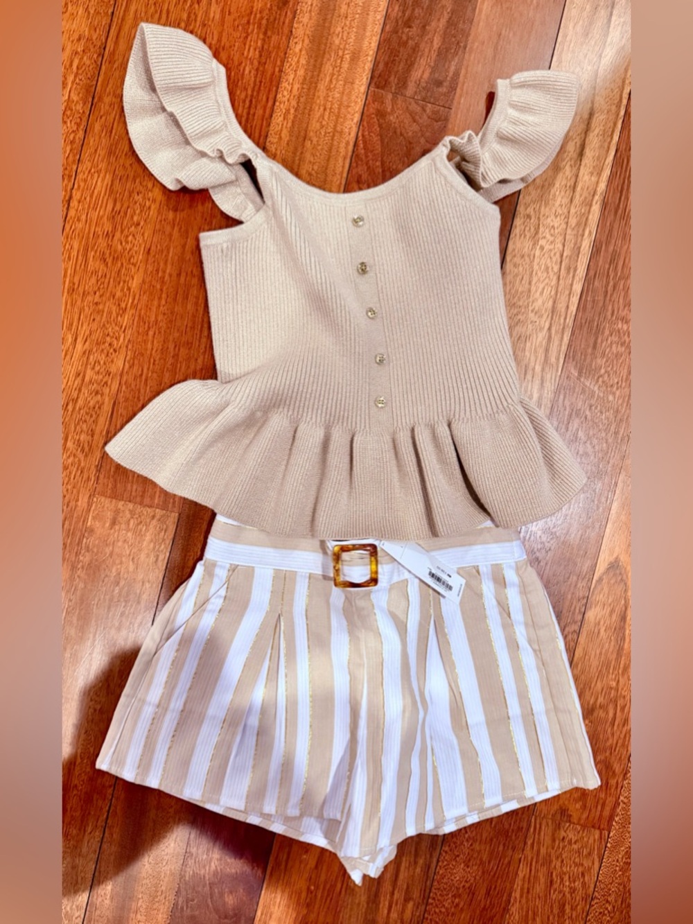 NWT Janie and Jack Cream Gold Knit Top with Tortoiseshell Buckle Shorts Set Sz 8